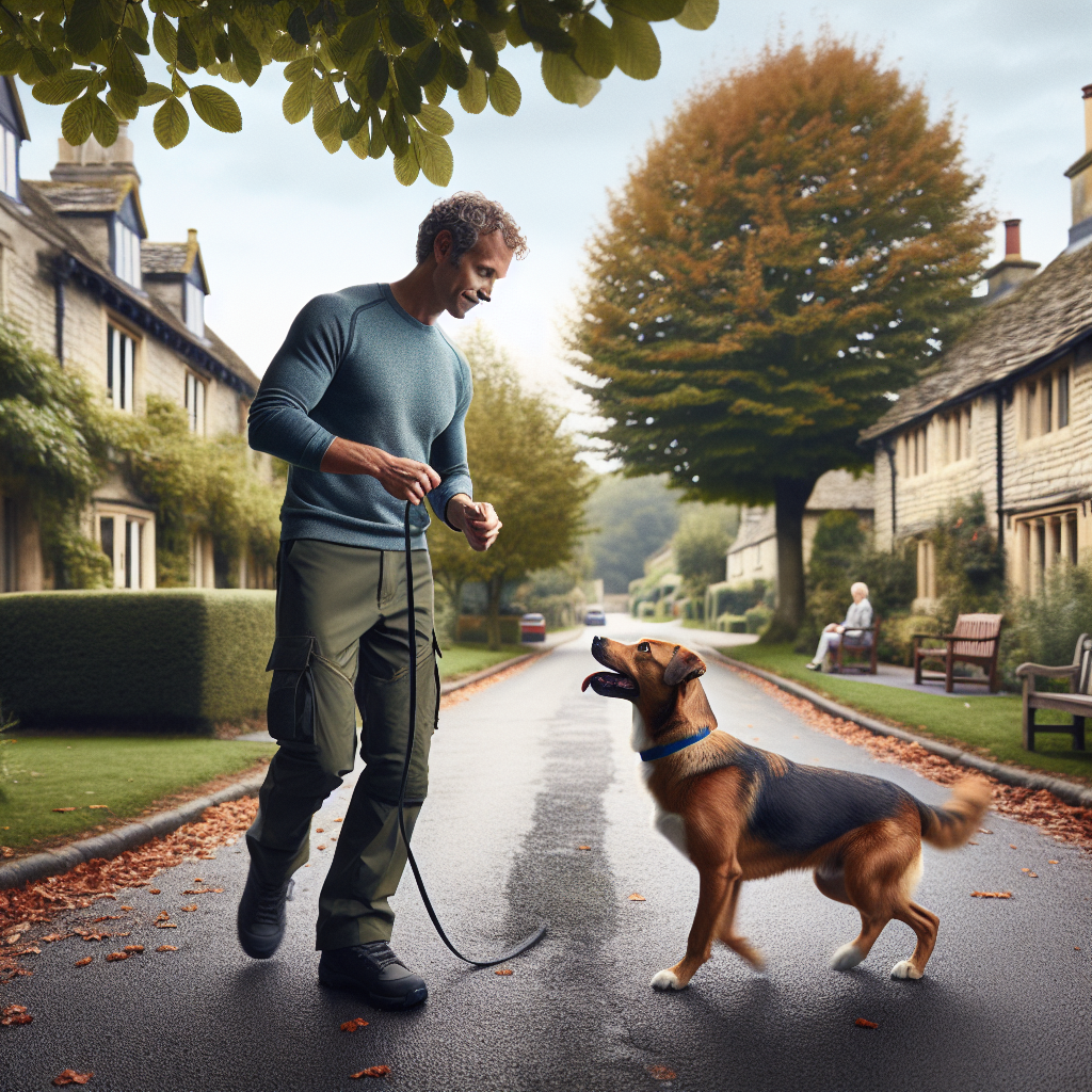 Trainer guiding a mixed breed dog through heel and sit stay along a leafy village path in Ponteland