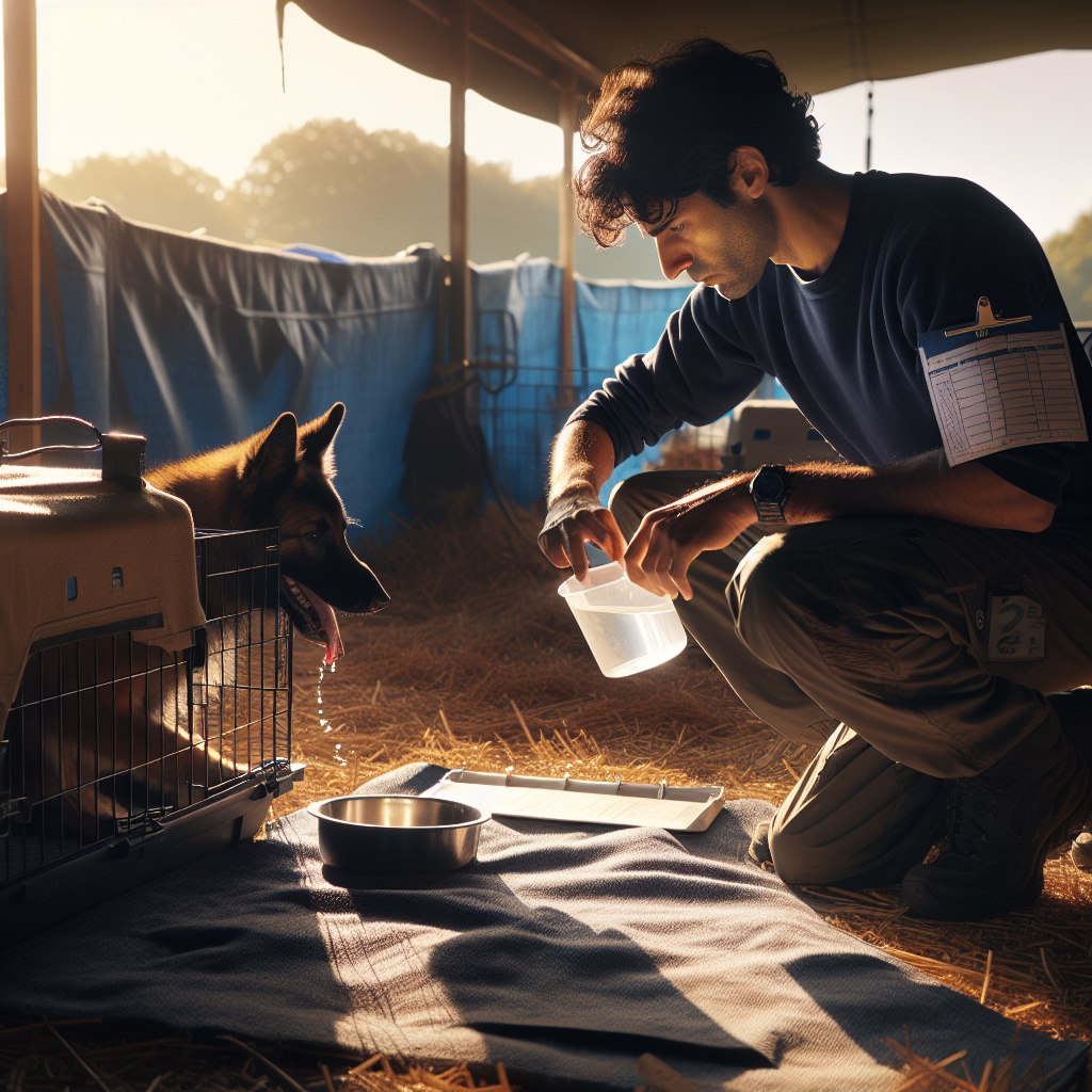 IGP handler measuring water for a German Shepherd beside a shaded crate before a trial
