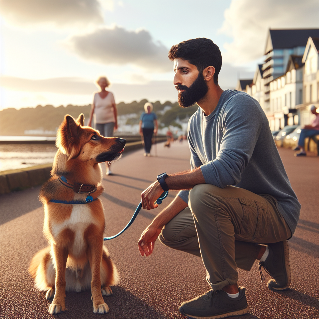 Smart Master Dog Trainer practising heel and recall with a calm dog on a Portishead coastal path at sunset
