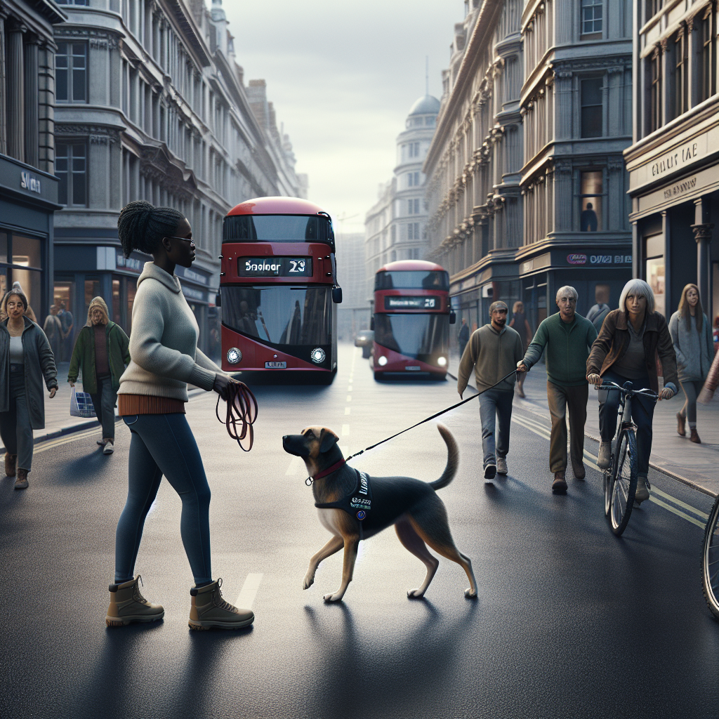 SMDT guiding a calm dog to heel on a busy UK city street with buses and cyclists