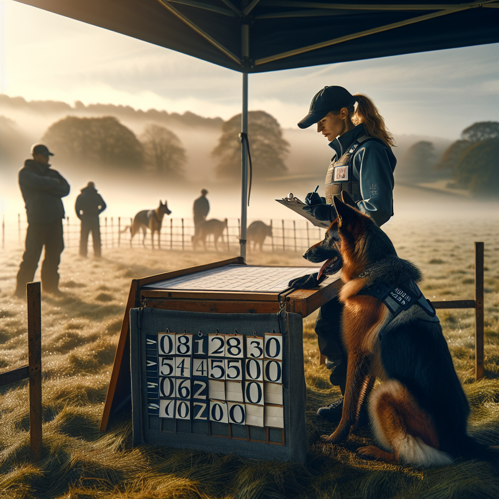 IGP handler studies running order at a UK trial with a German Shepherd near a draw tent on a misty morning