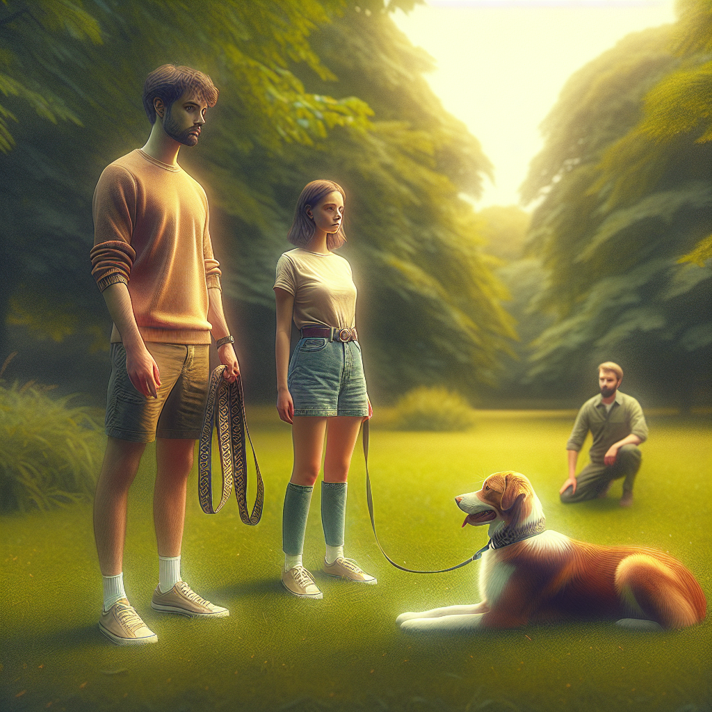 Smart trainer guiding a dog in a calm down stay while stepping away in a UK park