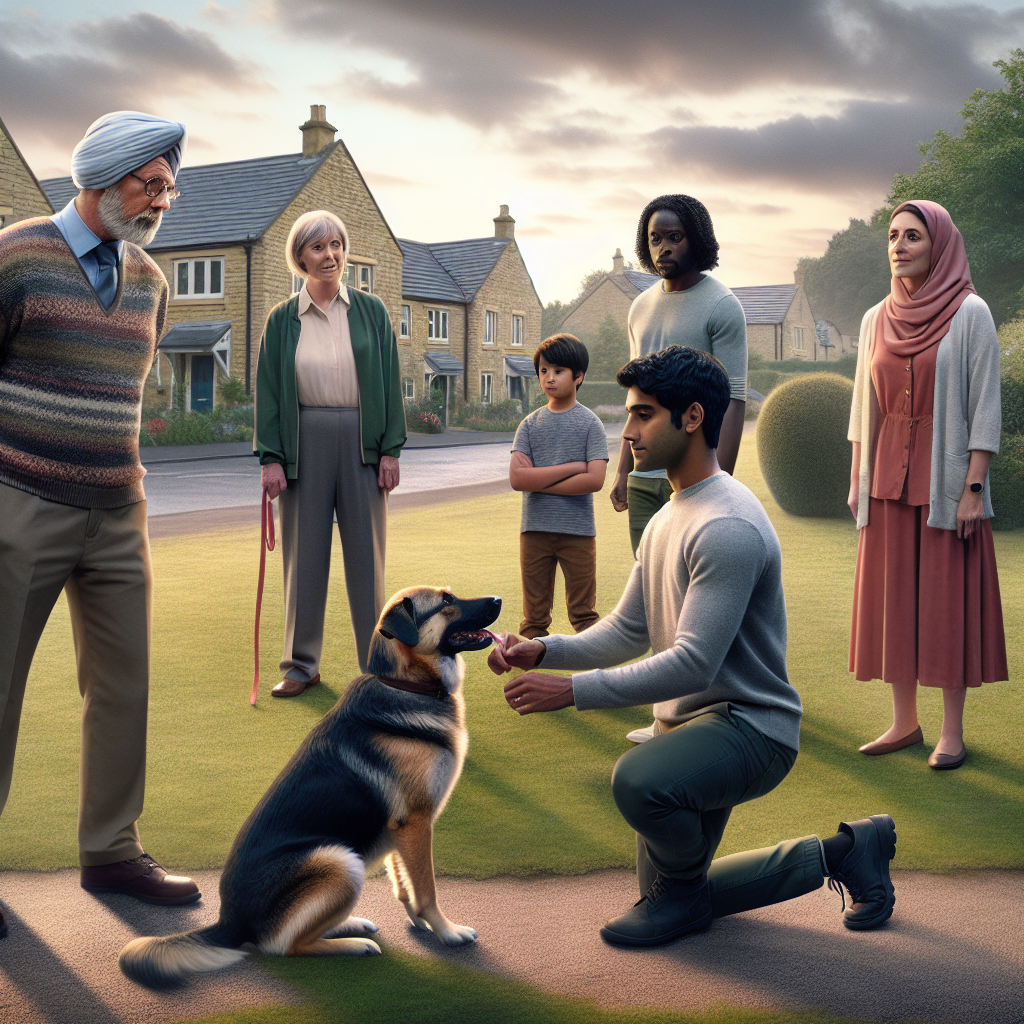 Trainer guiding a mixed breed dog through heel and sit in a Dronfield green space