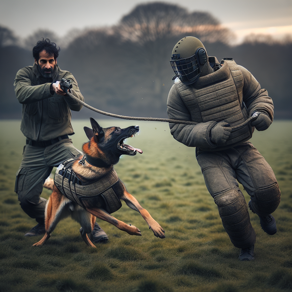 Malinois holding a steady guard as a decoy retreats while the handler manages a long line on a UK field