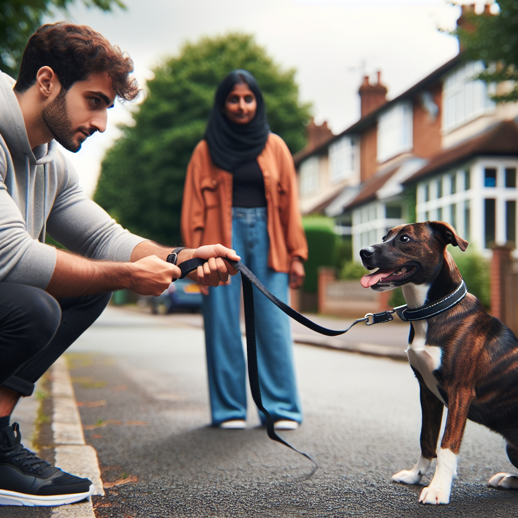 SMDT guiding a dog through heel and recall on a quiet Hazel Grove street in the UK