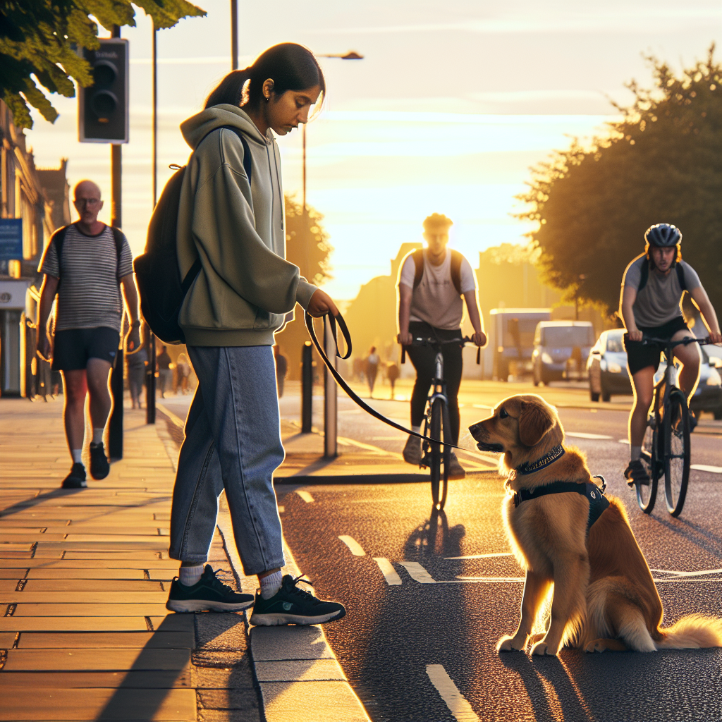 Trainer rewarding a dog for eye contact during a busy UK street walk