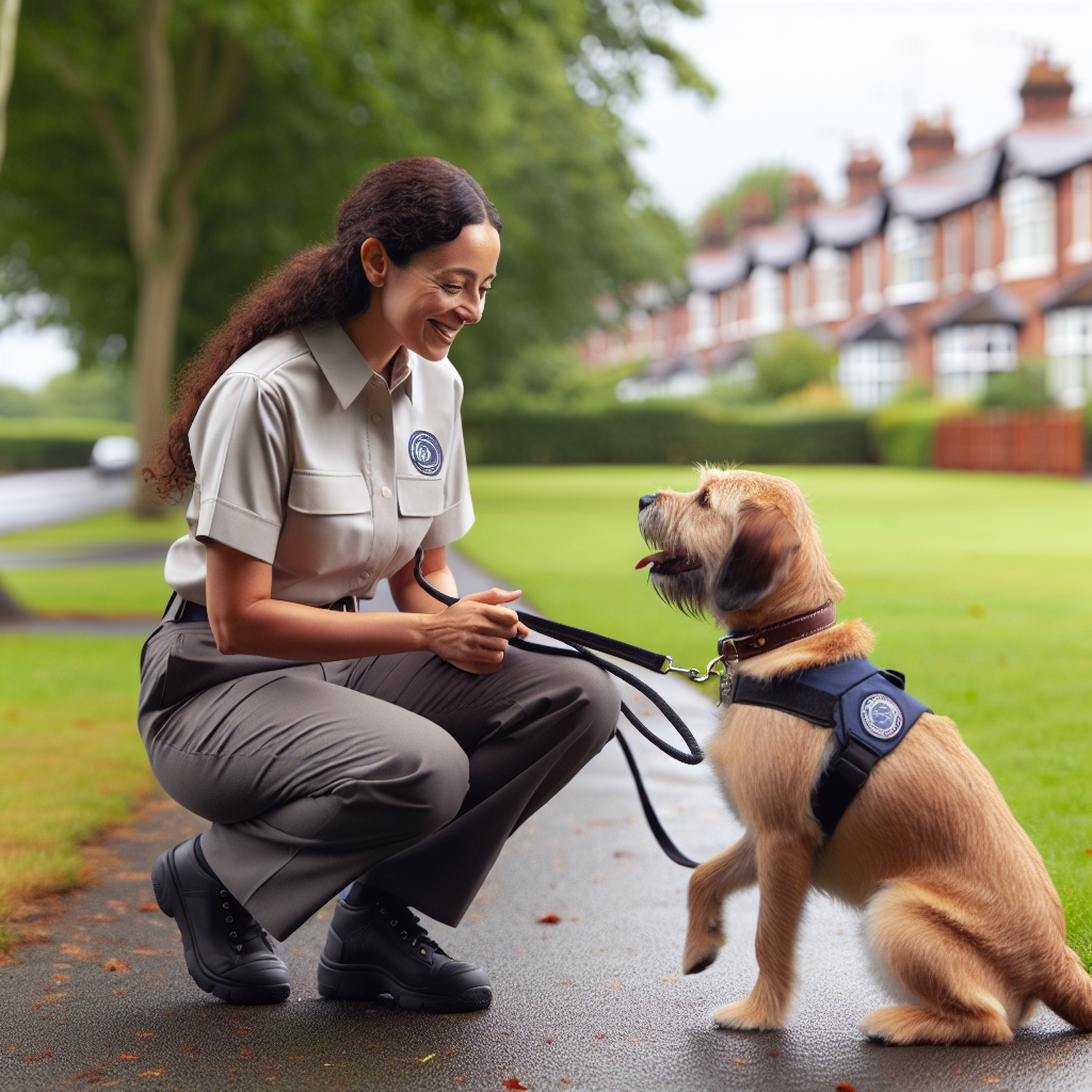 Smart trainer teaching loose lead walking to a mixed breed dog in a quiet Bebington park