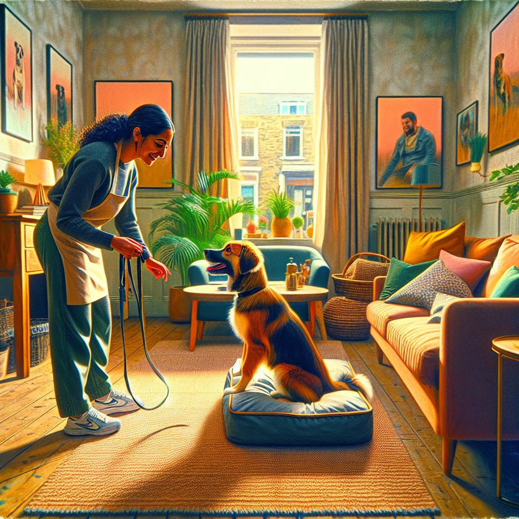 Trainer guiding a focused dog onto a place bed in a UK living room using gentle leash and reward