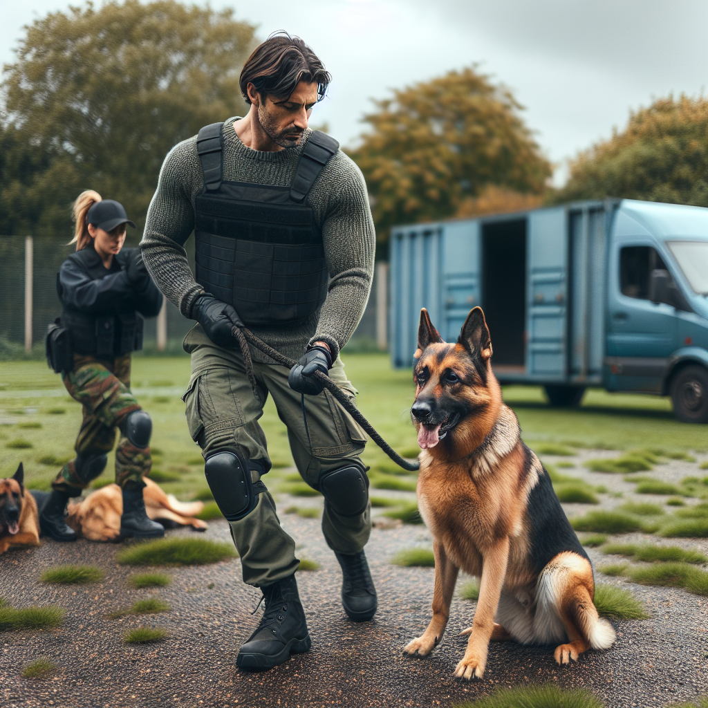 Trainer and German Shepherd practising a controlled transport with a calm decoy applying spatial pressure