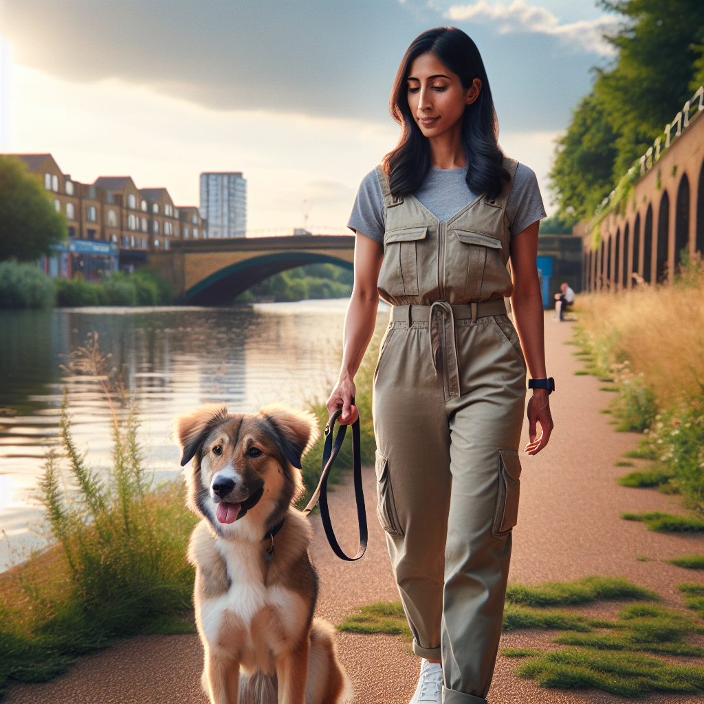 Trainer practising loose lead walking with a mixed breed dog on a riverside path in Hertford