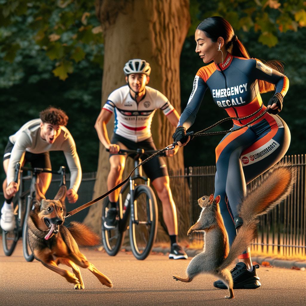 Trainer practising emergency recall with a dog on a long line as a cyclist passes and a squirrel runs in a UK park