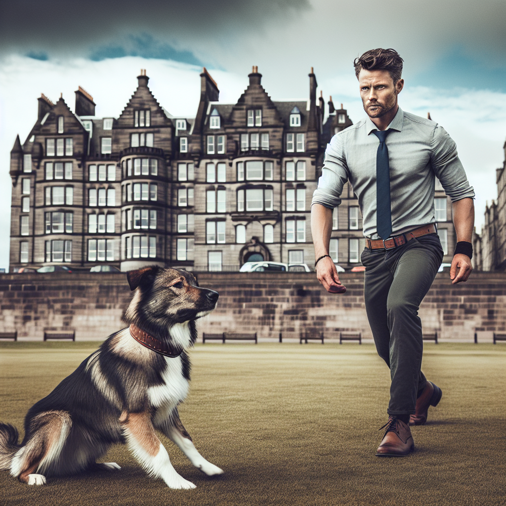 Trainer practising heelwork and recall with a focused dog in a coastal Scottish city park