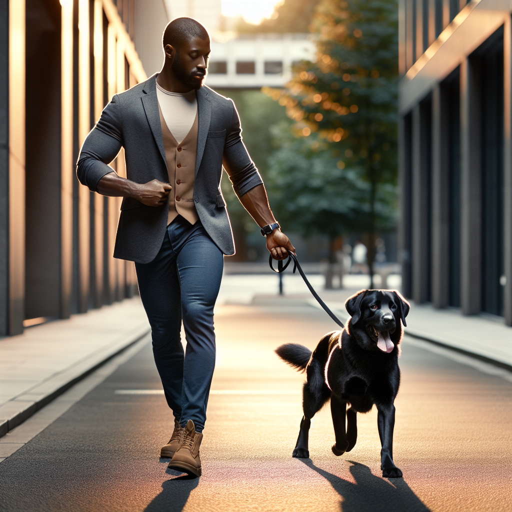 UK trainer and focused dog moving in balanced heel with a relaxed lead on a quiet street at sunset