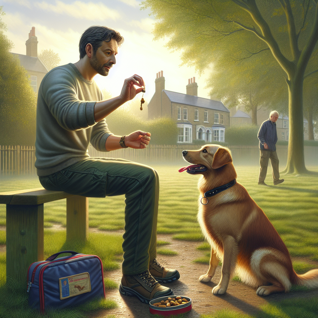 UK trainer practising sit-stay with a dog while varying rewards in a quiet park