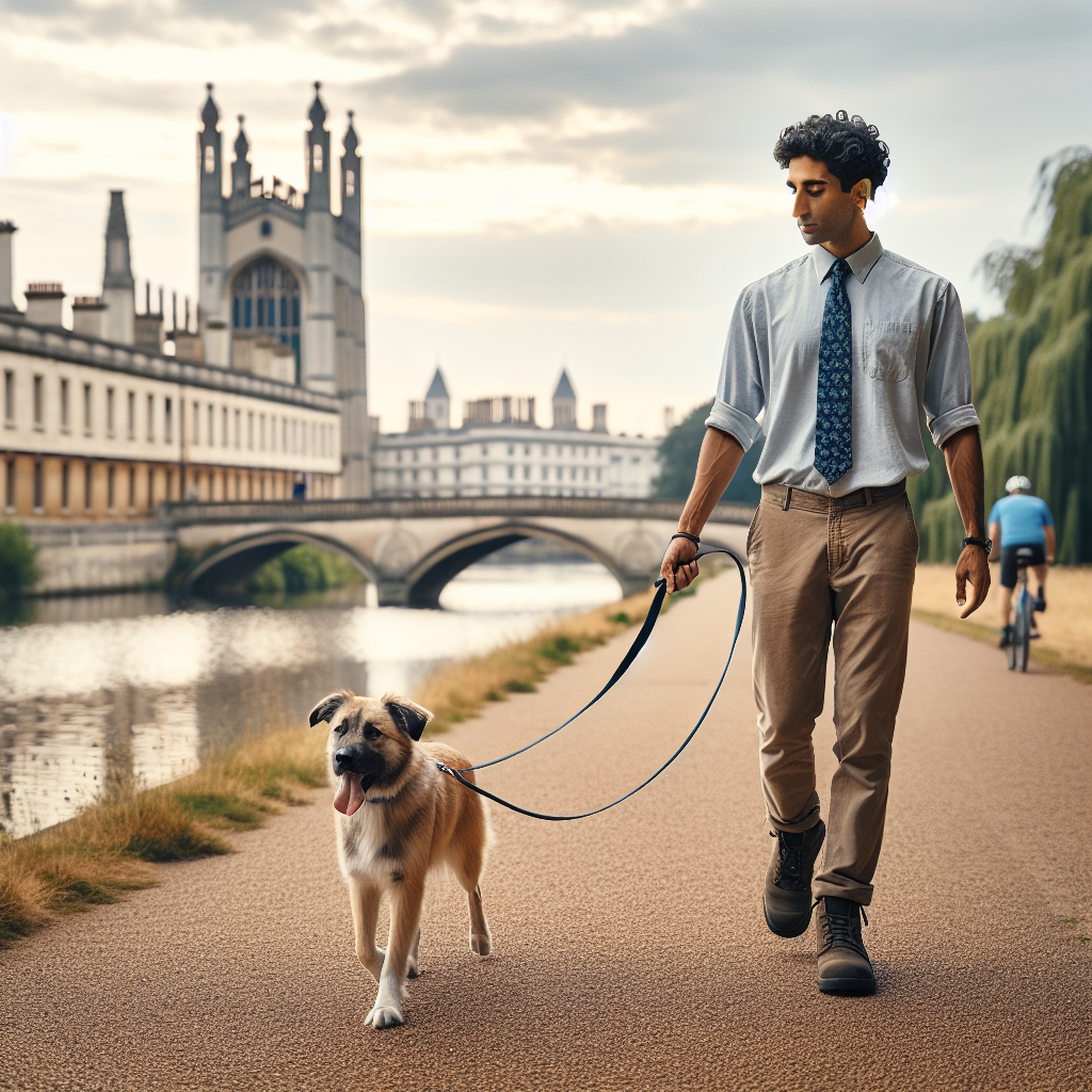 Trainer guiding a mixed-breed dog on a loose lead beside a Cambridge riverside path