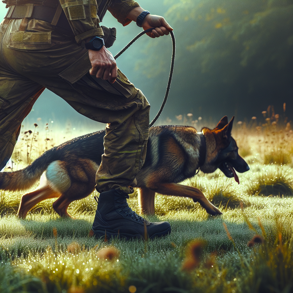 IGP handler tracking with a German Shepherd, showing precise footwork and a neutral tracking line in a UK field