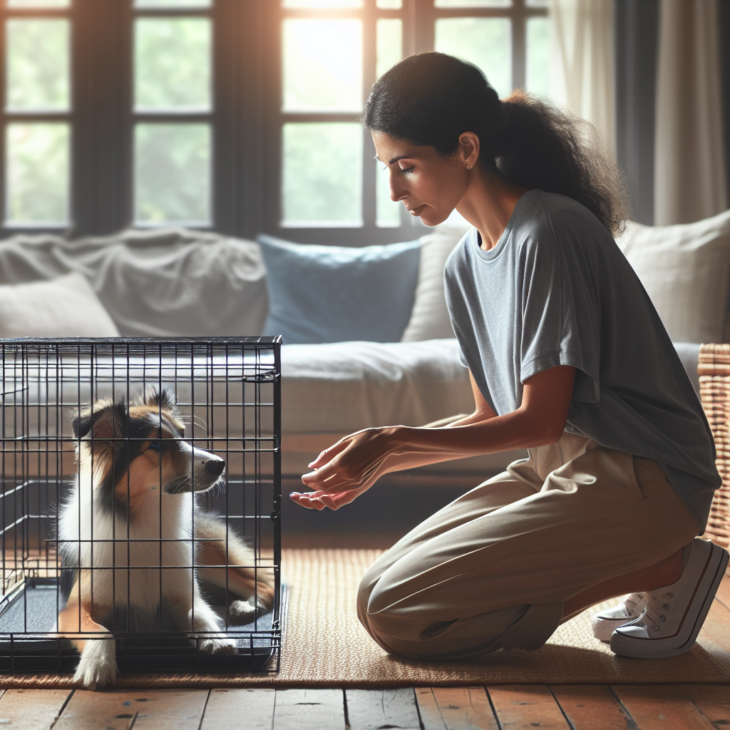 Trainer gently taps a wire crate while a calm dog settles inside during sound desensitisation