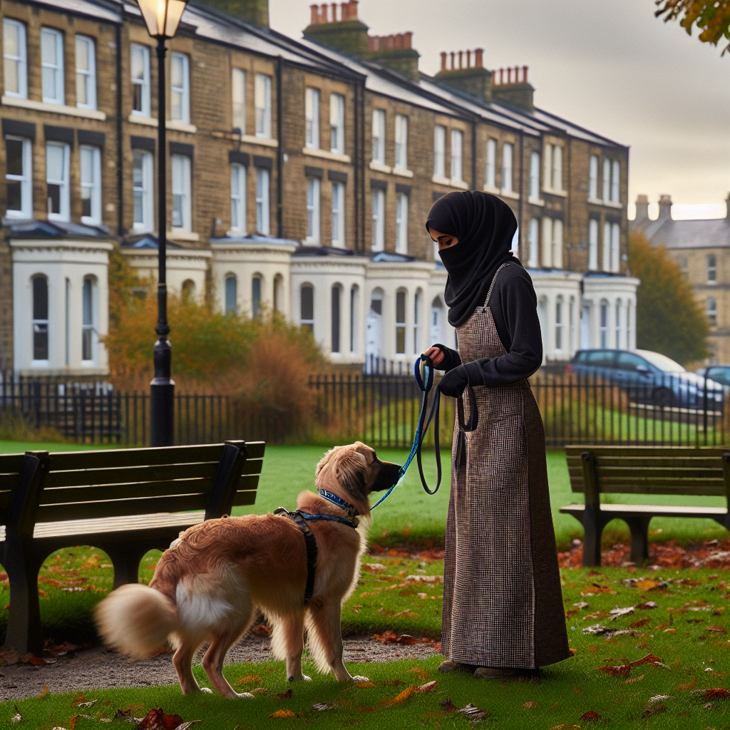 UK dog trainer practising loose lead and recall with a mixed-breed in a Bradford city park