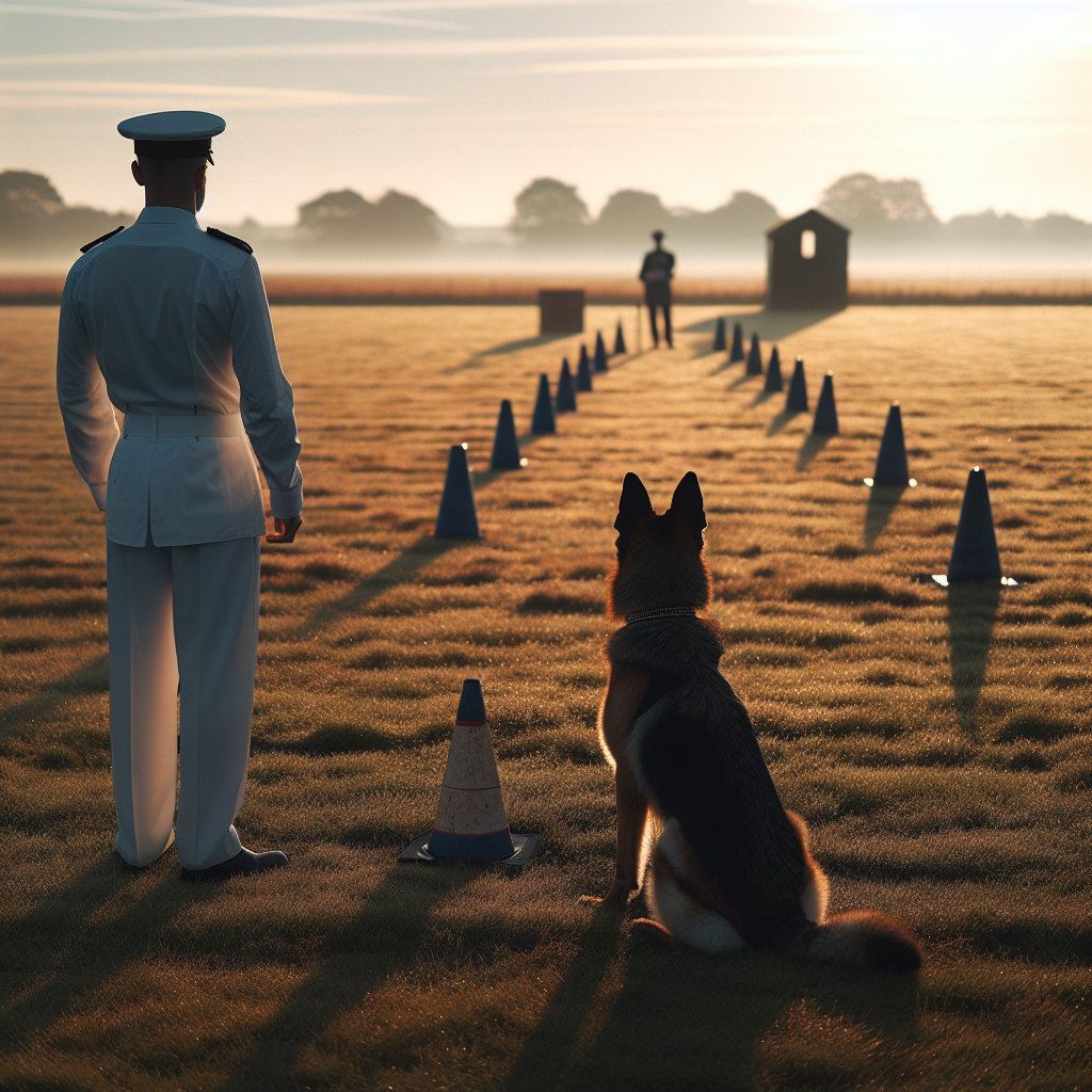 Handler and German Shepherd rehearse an IGP obedience routine on a UK field with cones and blinds at sunrise