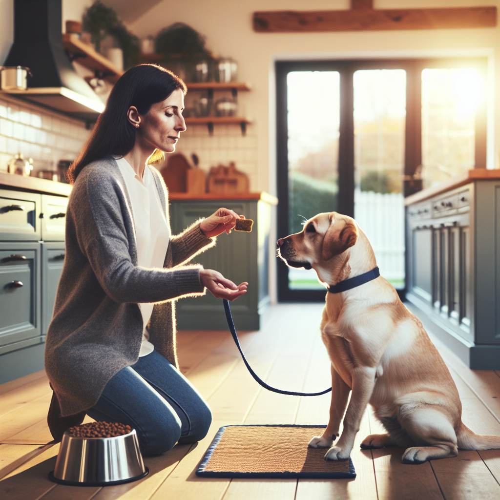 Trainer guiding a calm sit on a mat while a relaxed dog waits for release in a UK kitchen