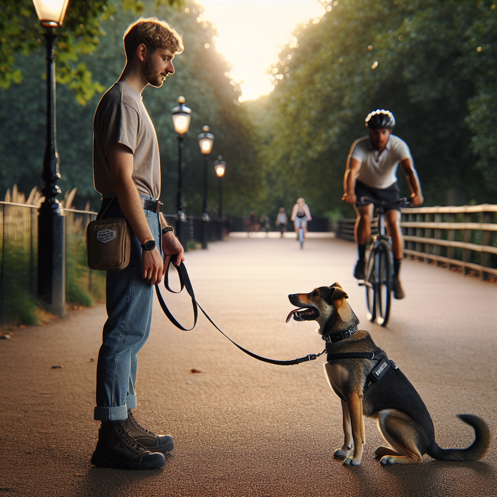 UK trainer reinforcing a dog’s disengagement from a passing cyclist in a park with loose lead and focused eye contact