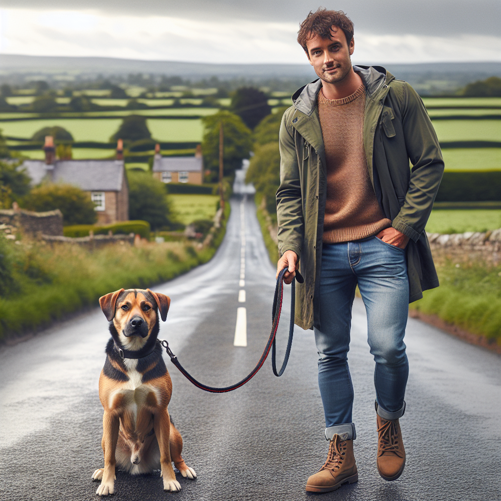 Smart trainer practising loose lead and recall with a mixed-breed dog on a quiet Newton-le-Willows street near green fields