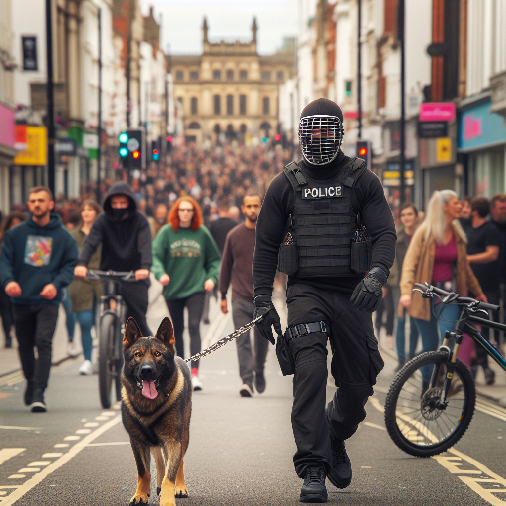 Protection dog holding a calm heel with handler in a busy UK high street as a decoy walks by