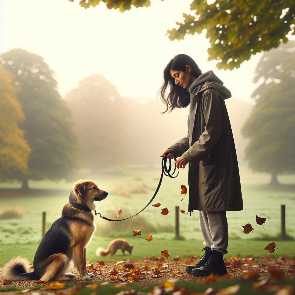 Trainer reinforcing focus with a mixed breed dog on a loose leash in a quiet UK park