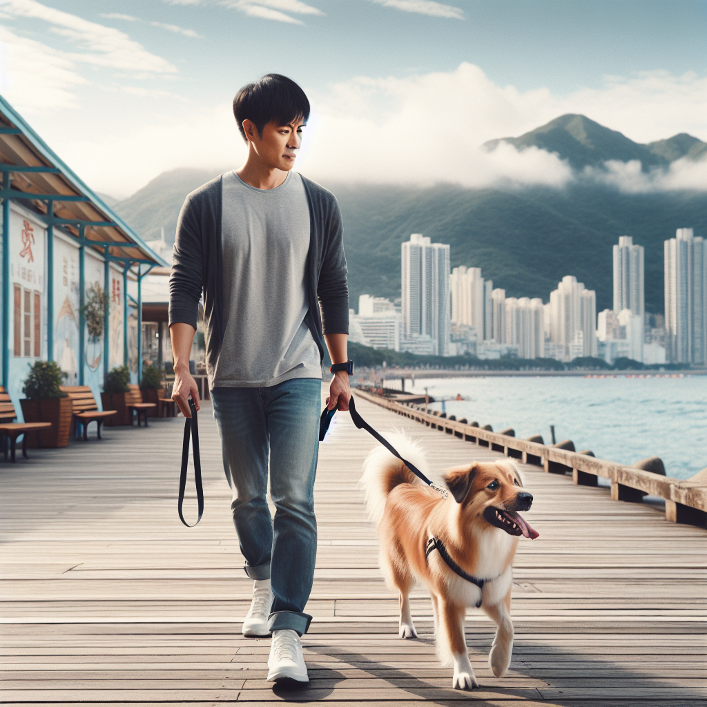 Trainer practising loose lead walking with a dog on a breezy UK seafront promenade