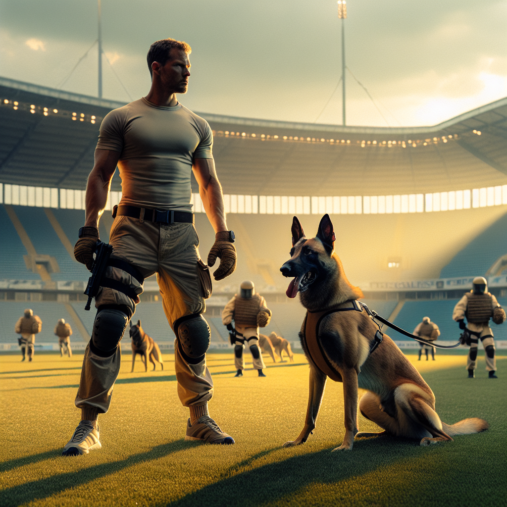 Trainer and Belgian Malinois practising focused heeling for IGP Level 3 stamina on a UK field at sunset