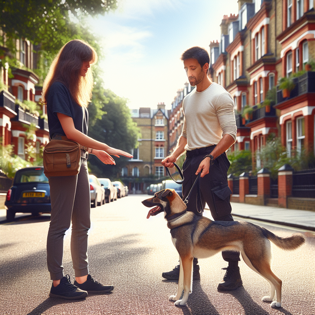 UK trainer coaching an owner on leash handling with a calm dog at heel on a quiet street