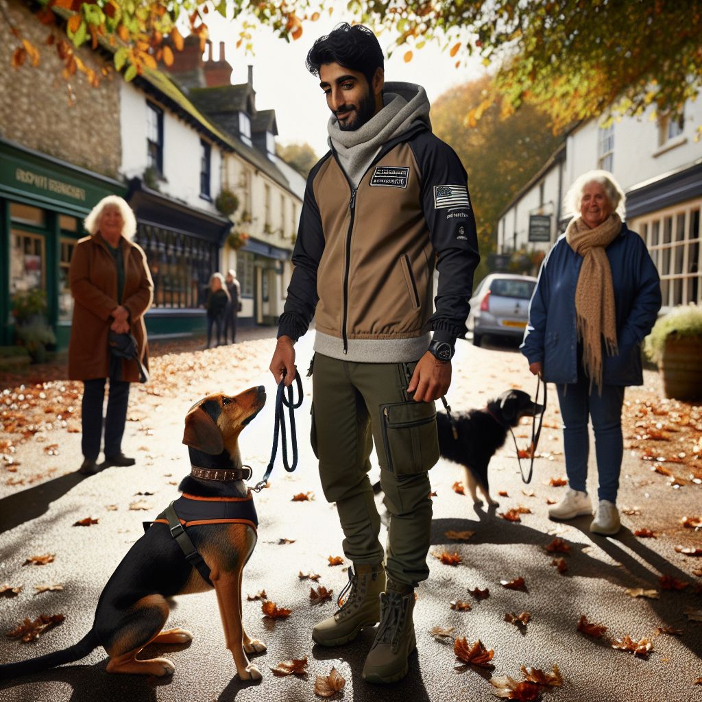 Smart trainer teaching loose lead walking and recall with a mixed breed dog on a leafy path near Dorchester
