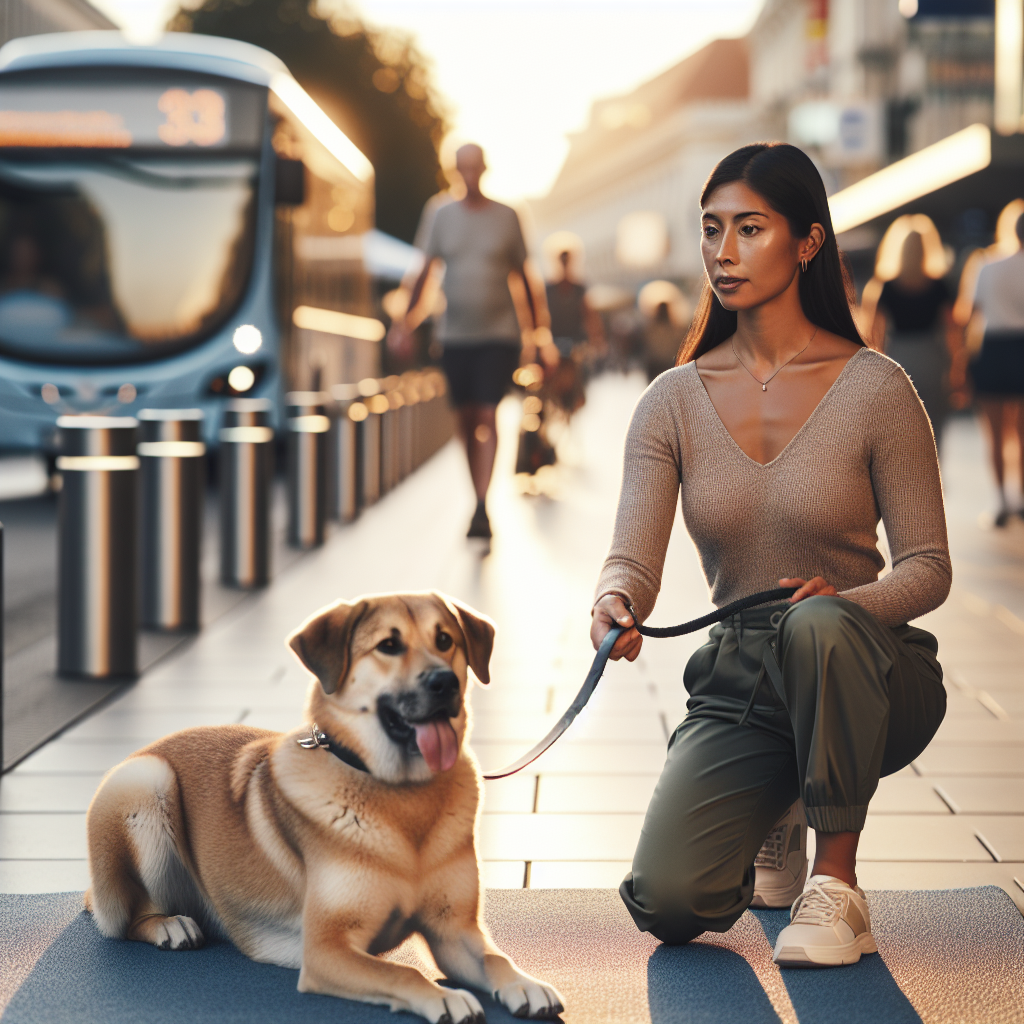 Dog relaxing on a mat with a UK trainer near a busy street scene