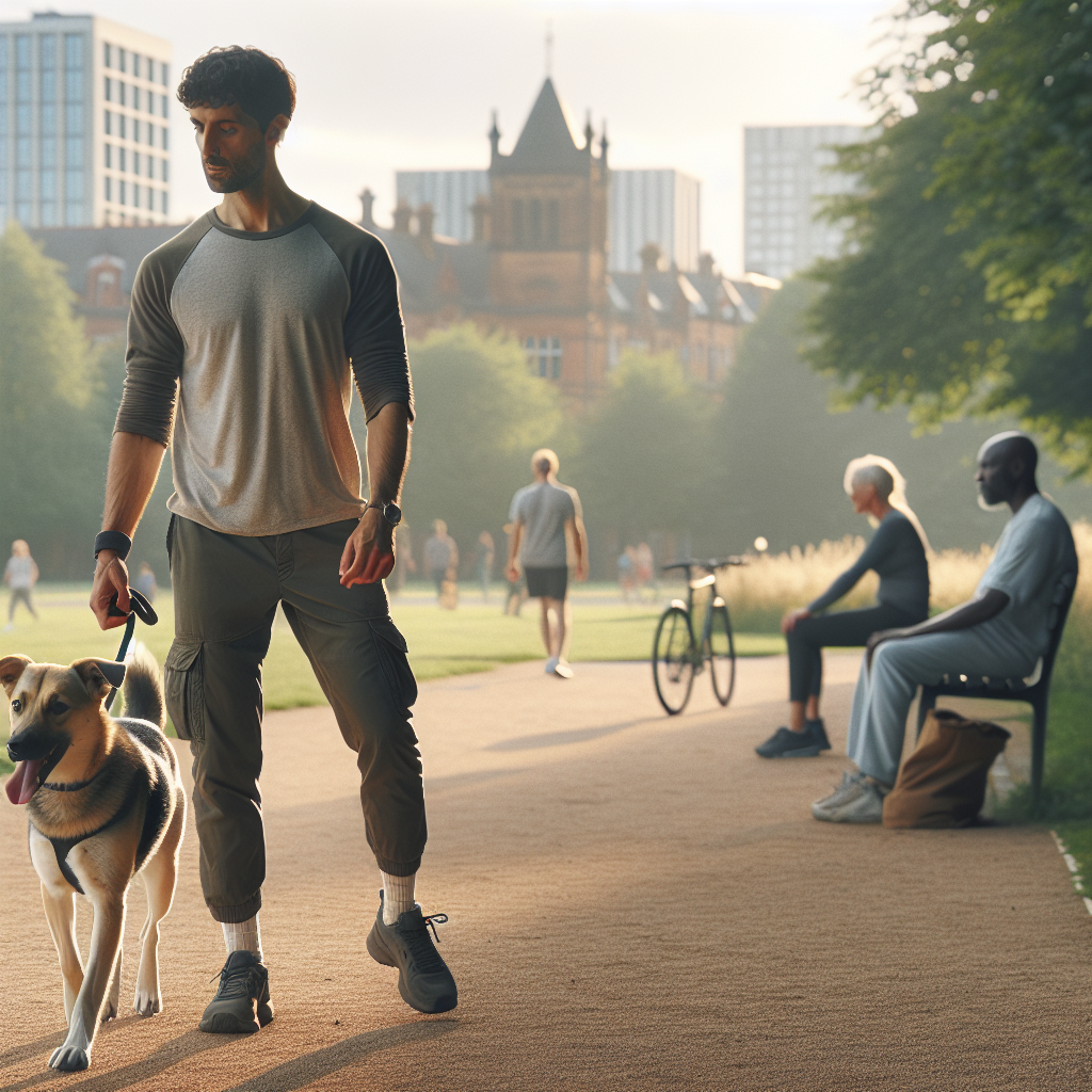 Trainer practising recall and loose-lead walking with a mixed-breed dog in a Nottingham park