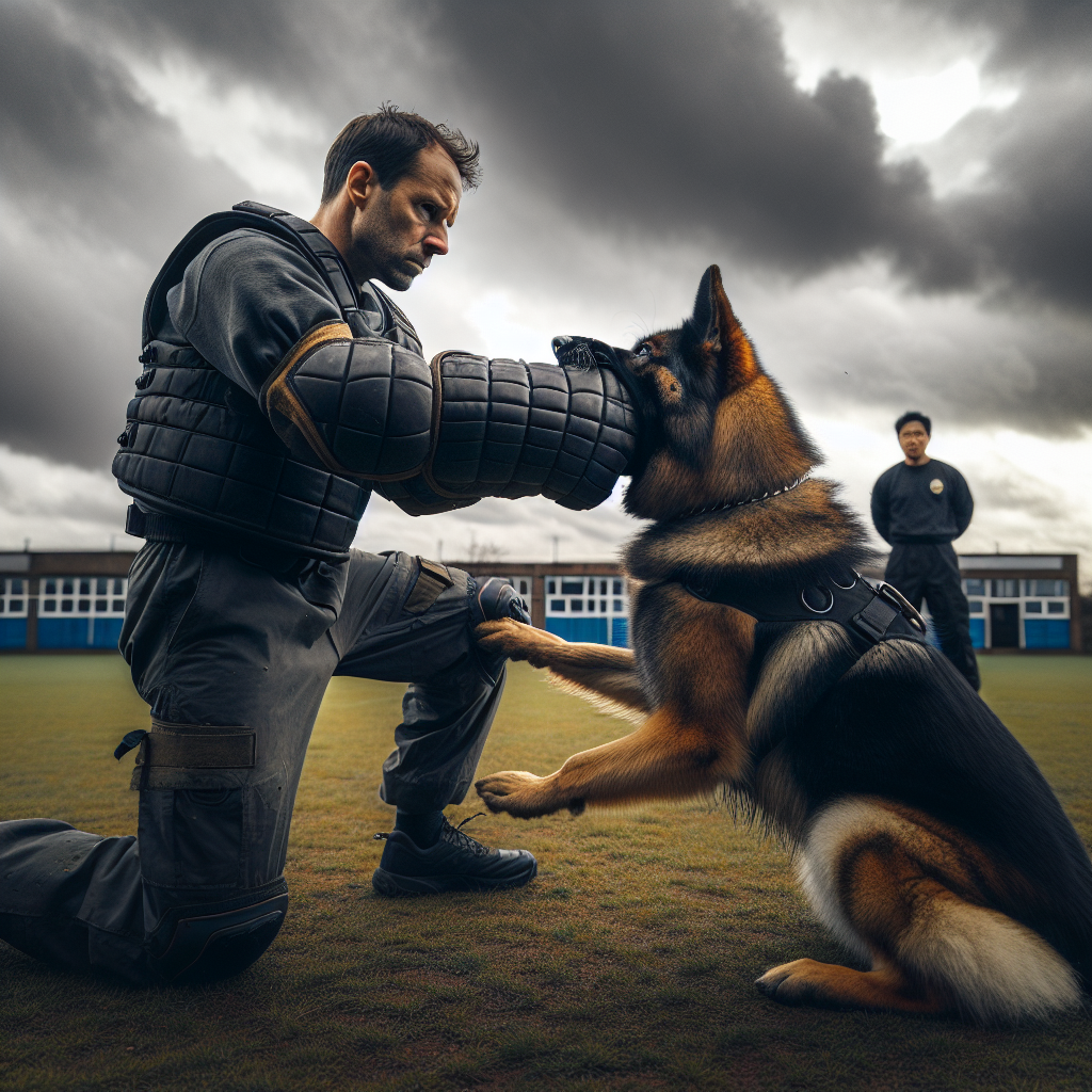 UK trainer and German Shepherd practising full grip under controlled pressure with a bite sleeve in an outdoor field