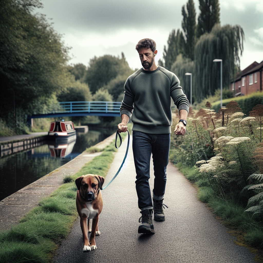 Smart trainer teaching loose lead walking with a family dog near a UK canal path in Maghull