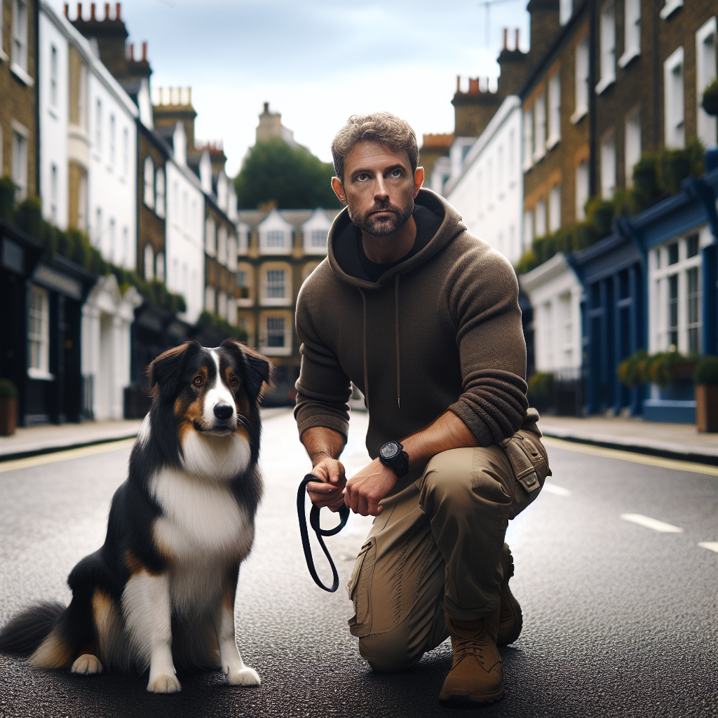 UK trainer demonstrating neutral handling while heeling with a focused dog on a city pavement