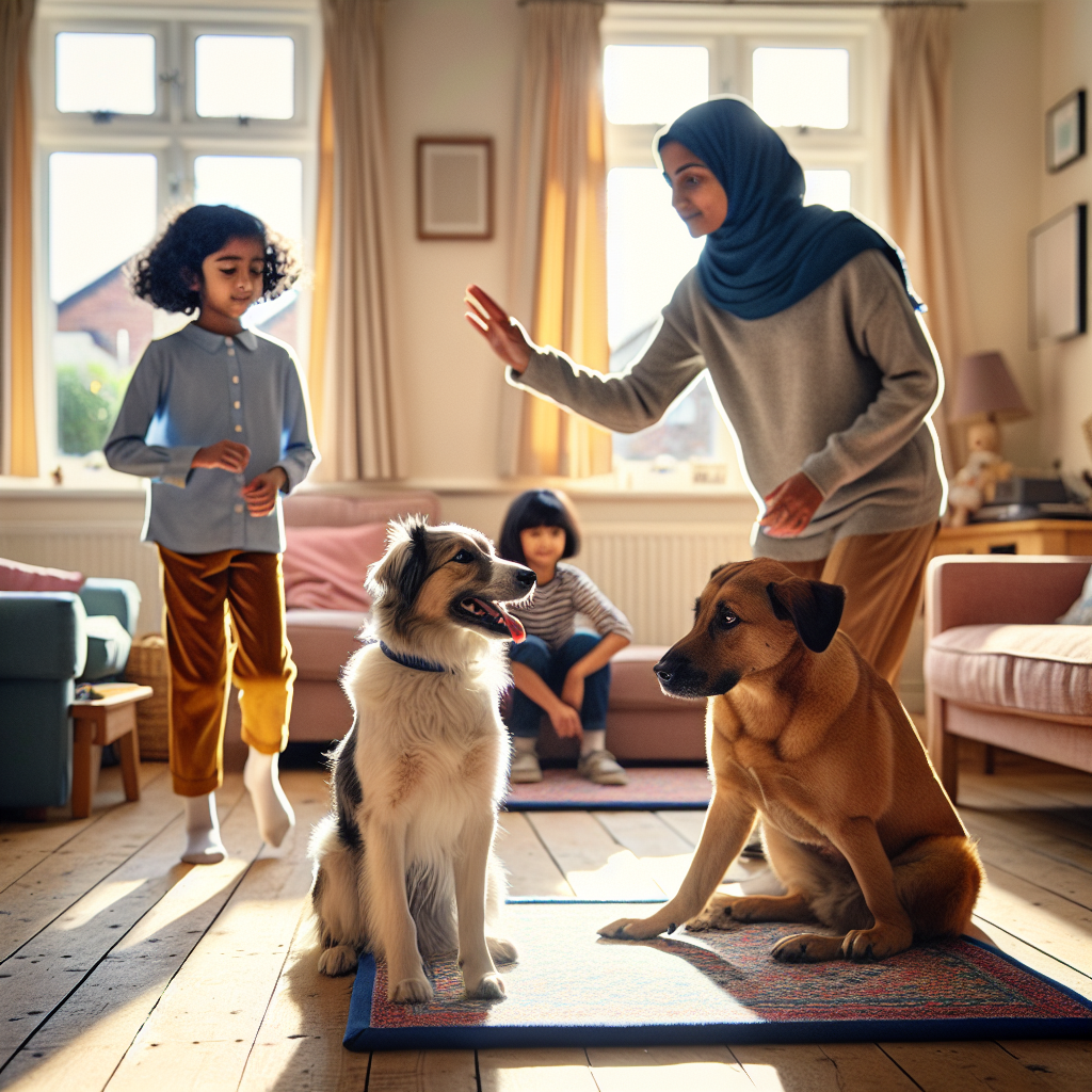 Dog calmly holding Place on a mat while children play and a UK trainer guides in a bright family living room