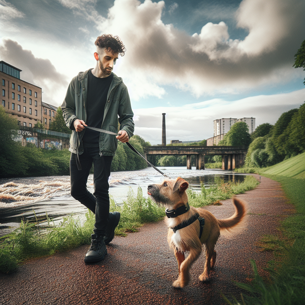 Trainer and dog practising loose lead walking on a riverside path in Clydebank
