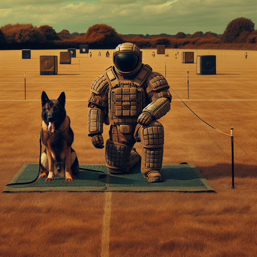 Handler and working dog showing calm neutrality on a mat while a decoy stands nearby on a UK training field at sunset