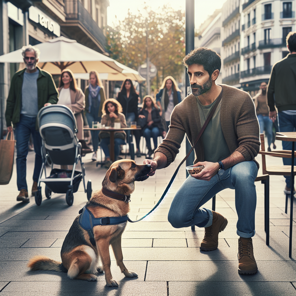 Trainer rewards a calm dog walking past a cafe and pram on a UK city pavement