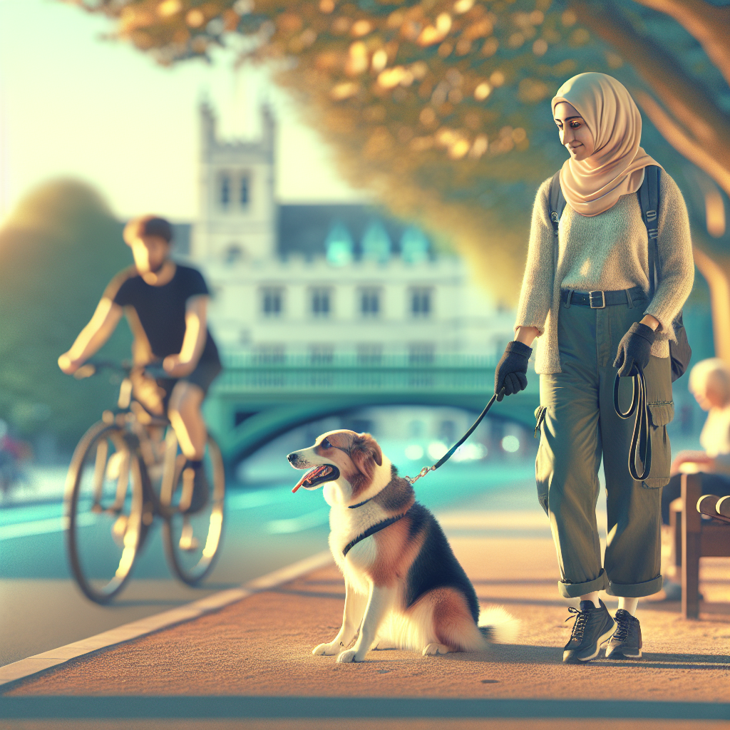 Trainer coaching a mixed breed dog on loose lead walking and place in a Cambridge green space with cyclists nearby