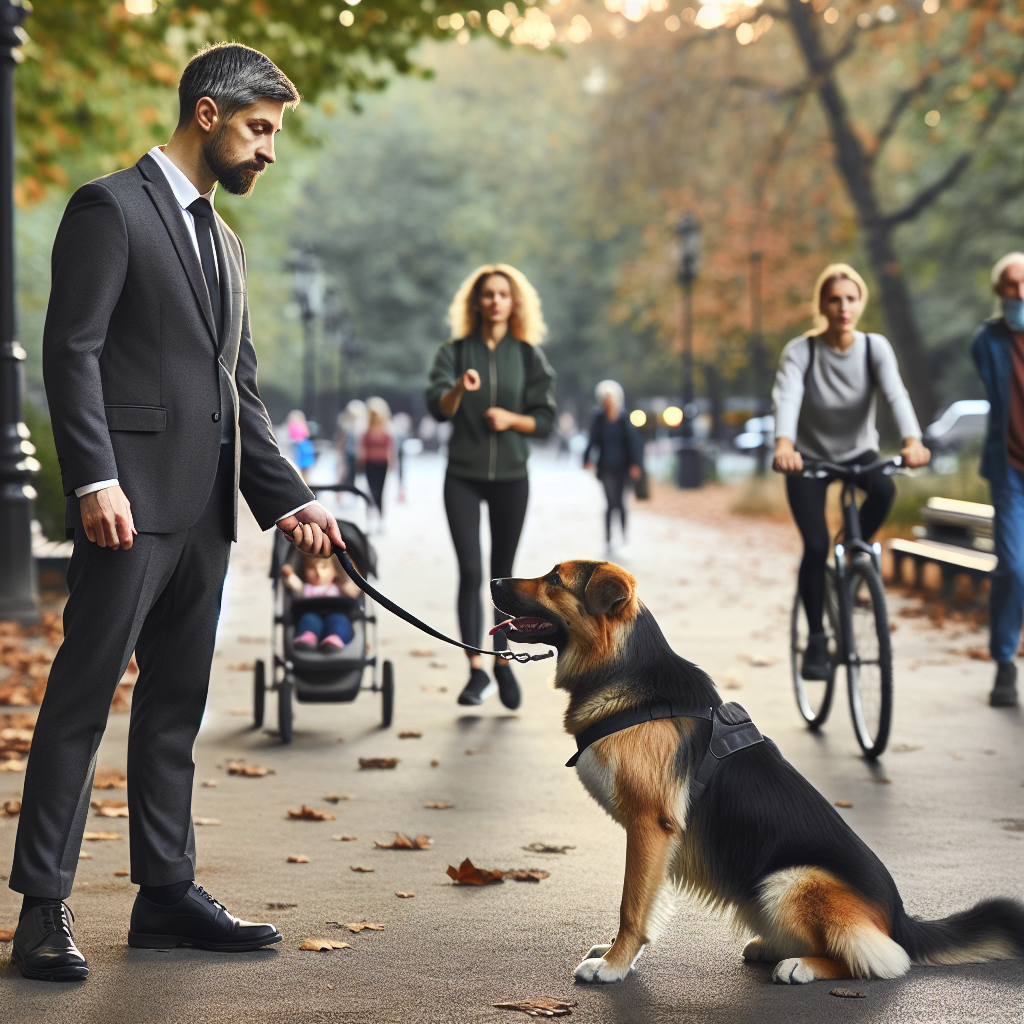 UK trainer proofing a sit-stay with a shepherd mix as joggers and a cyclist pass in a park