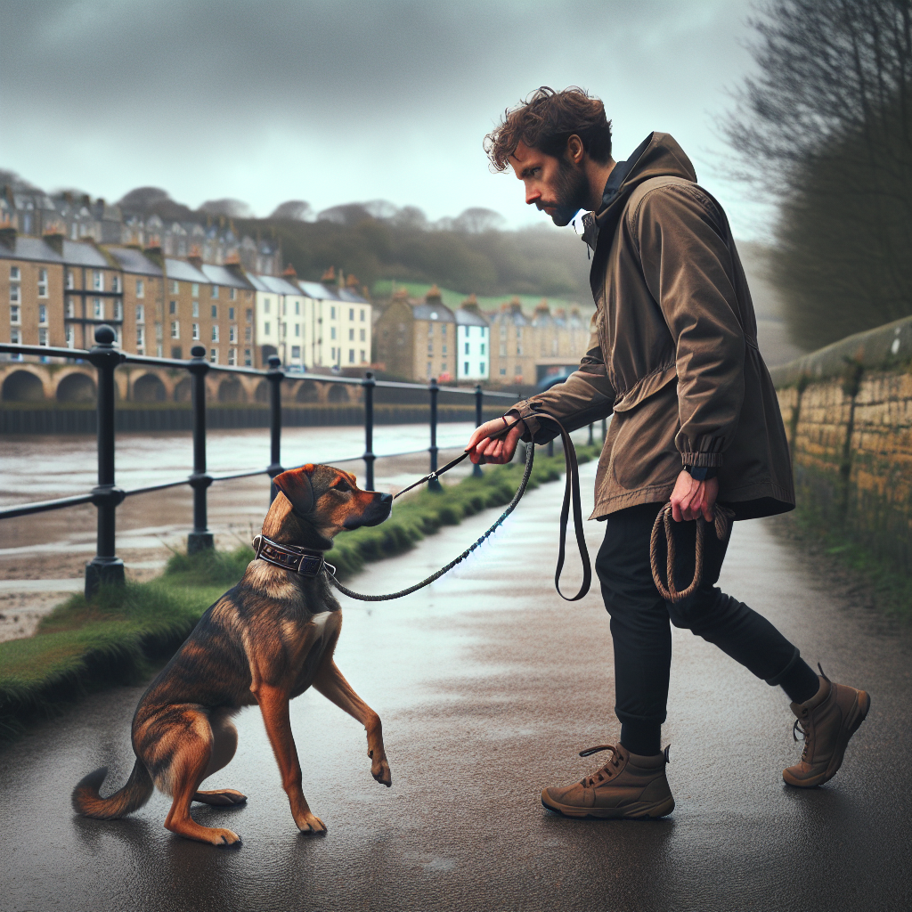 Trainer practising loose leash walking with a focused mixed breed dog beside a riverside path in a UK town