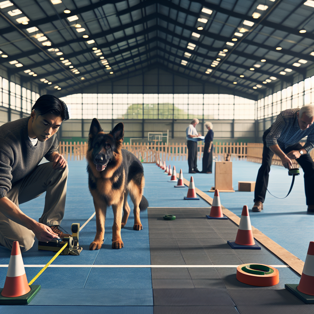 Trainer preparing a UK trial ring and heeling a focused German Shepherd in a bright indoor sports hall