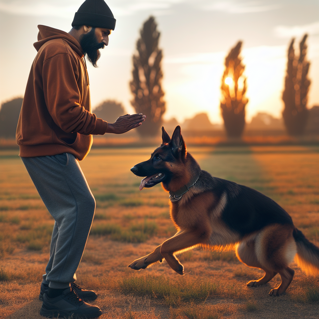 Trainer rehearsing a precise IGP heel start ritual with a focused German Shepherd on a UK field
