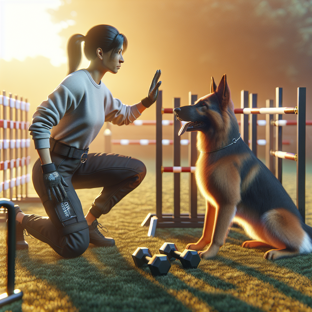 German Shepherd and UK trainer practising IGP obedience and protection on a field with hurdle and dumbbell at sunset