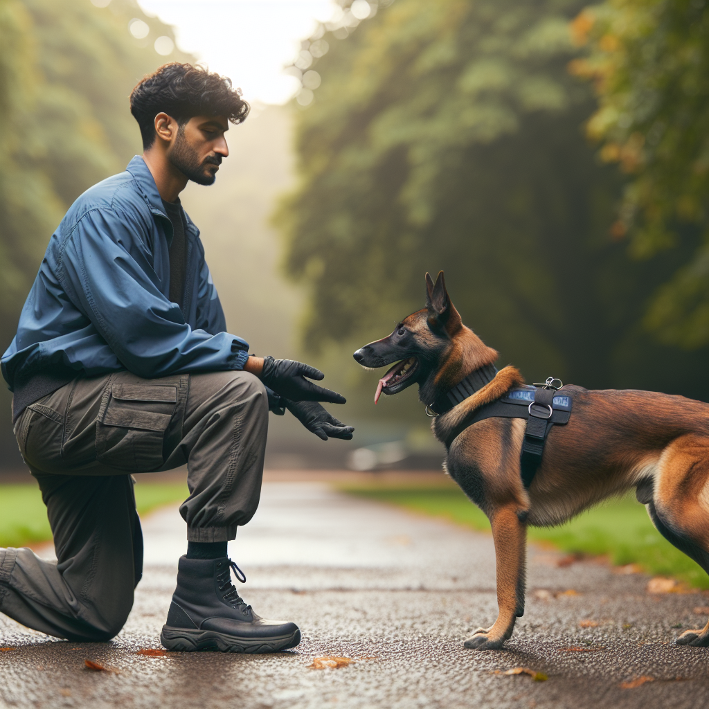 Trainer demonstrating precise heel position with a focused Malinois during motion work in a UK park