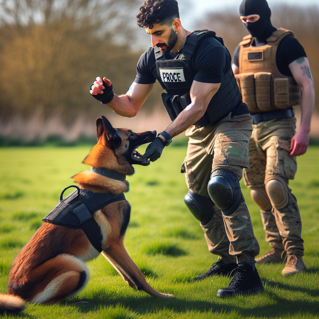 UK trainer shaping a clean bite switch cue with a Malinois moving from sleeve to wedge on a field