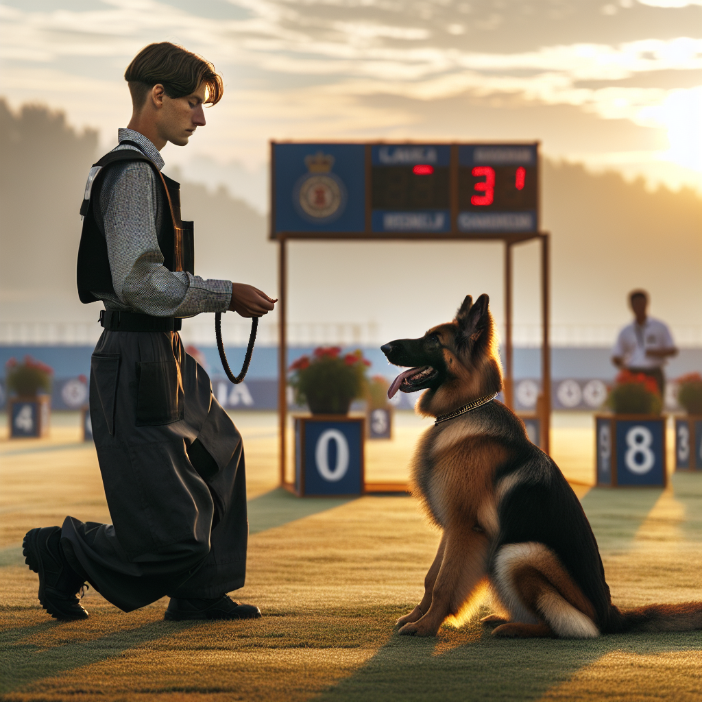 UK handler practicing a calm pre trial focus routine with a German Shepherd near a competition ring